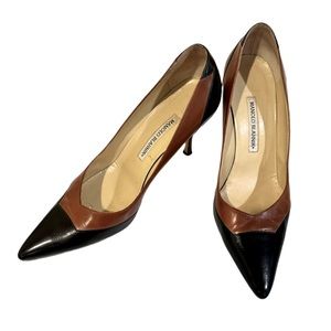 Manolo Blahnik Black and Brown Y2K Leather Geometric Pumps Pointy Toe Heels 39.5